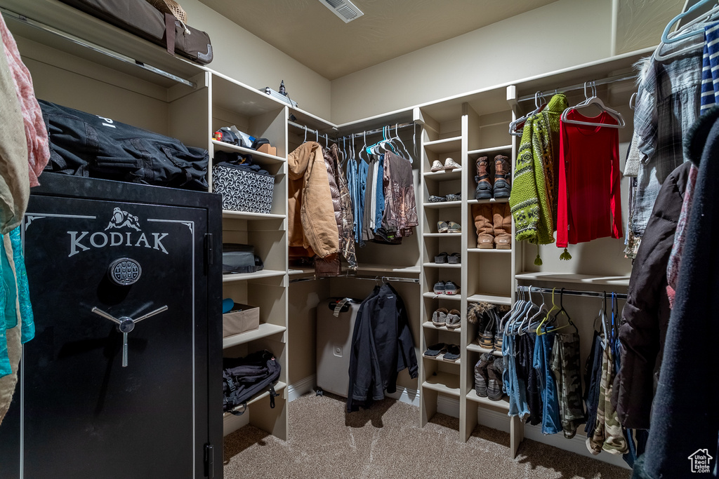 Walk in closet with light colored carpet