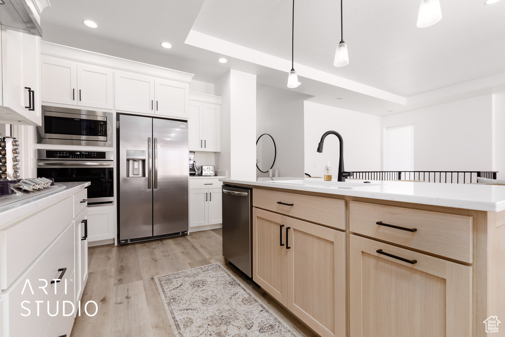 Kitchen with stainless steel appliances, pendant lighting, light hardwood / wood-style floors, an island with sink, and a raised ceiling