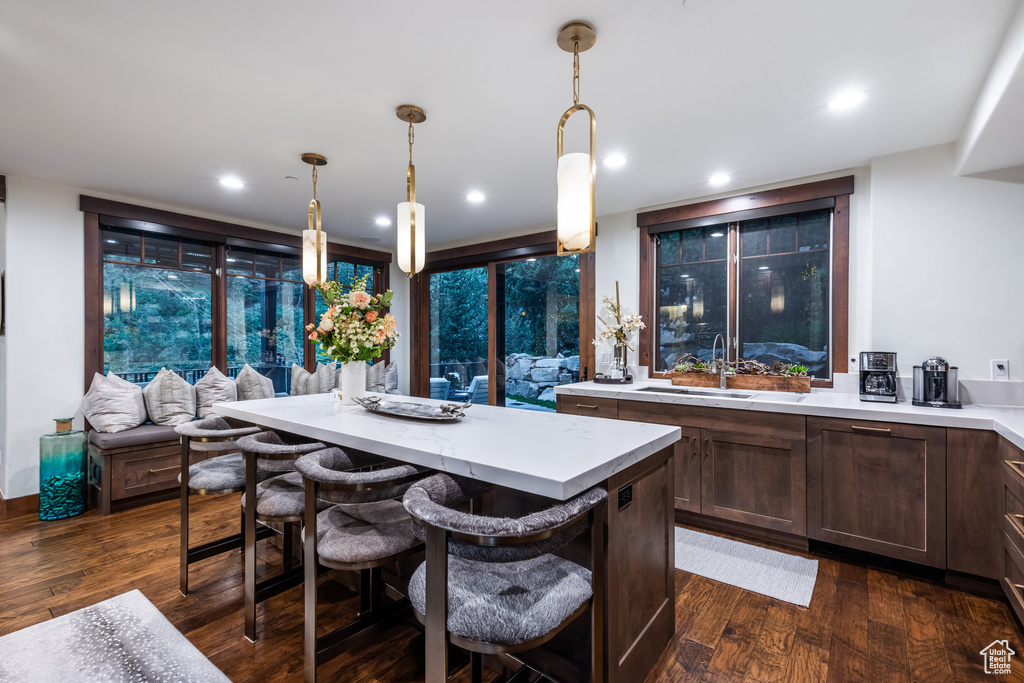 Bar with dark hardwood / wood-style floors, decorative light fixtures, sink, and expansive windows