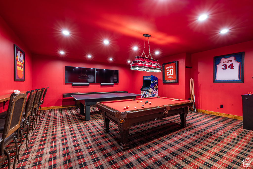 Rec room featuring dark carpet and pool table