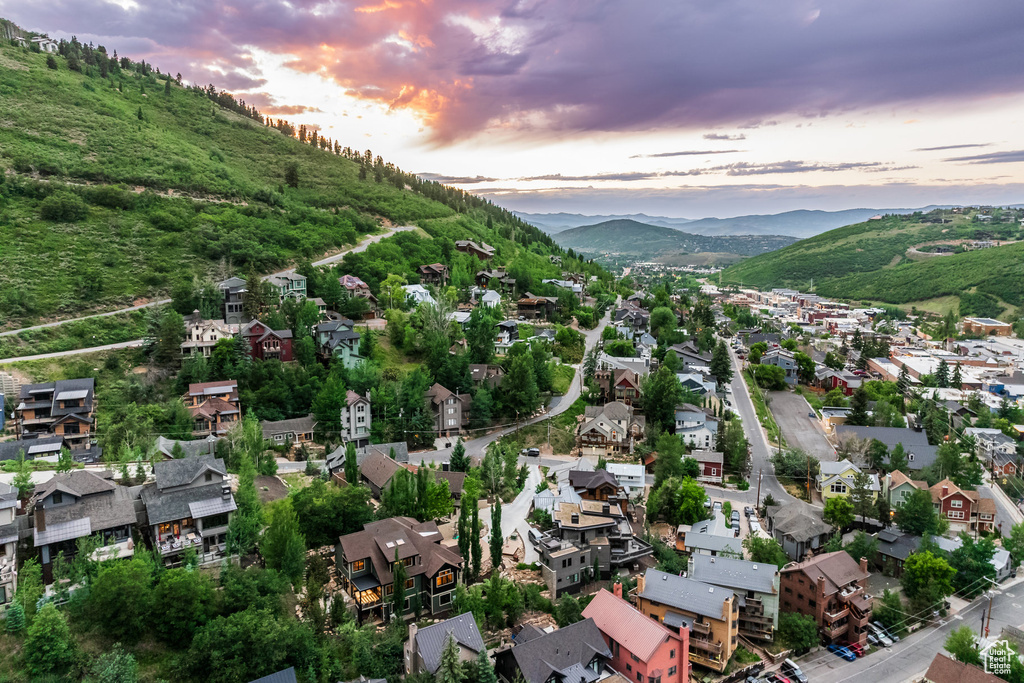 Aerial view at dusk with a mountain view