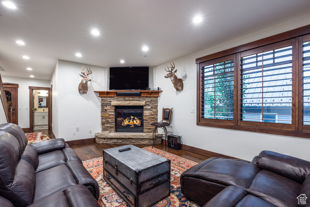 Living room featuring a fireplace and dark wood-type flooring