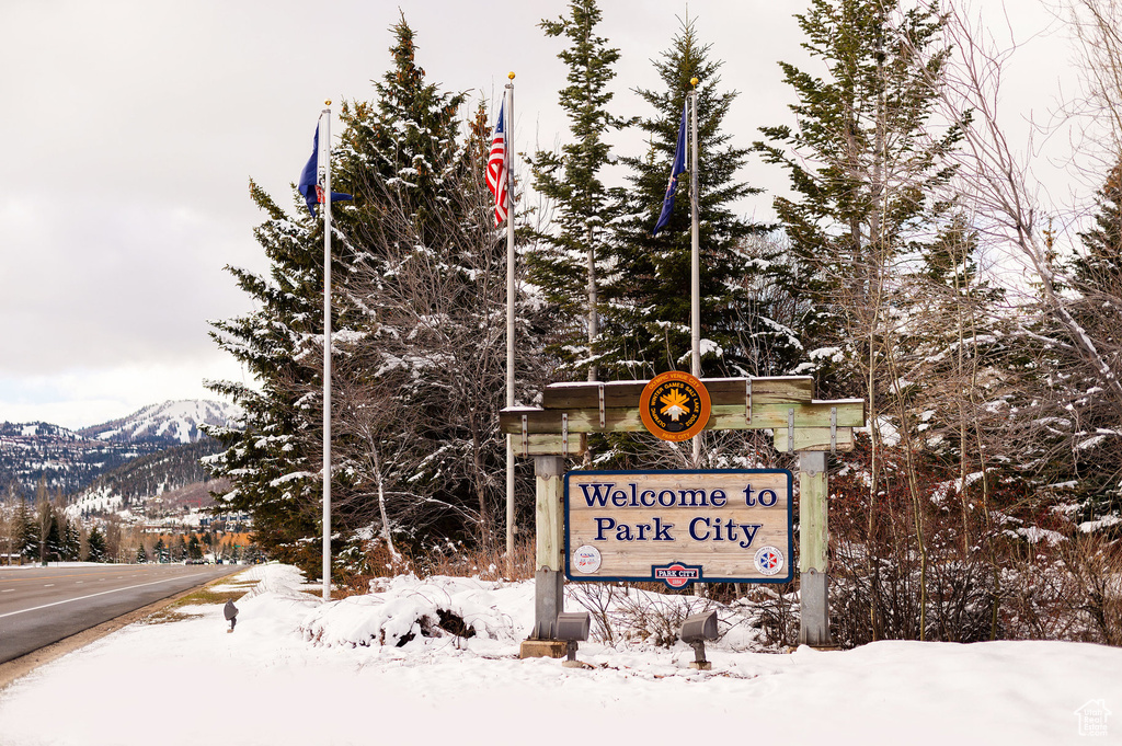 Community sign with a mountain view