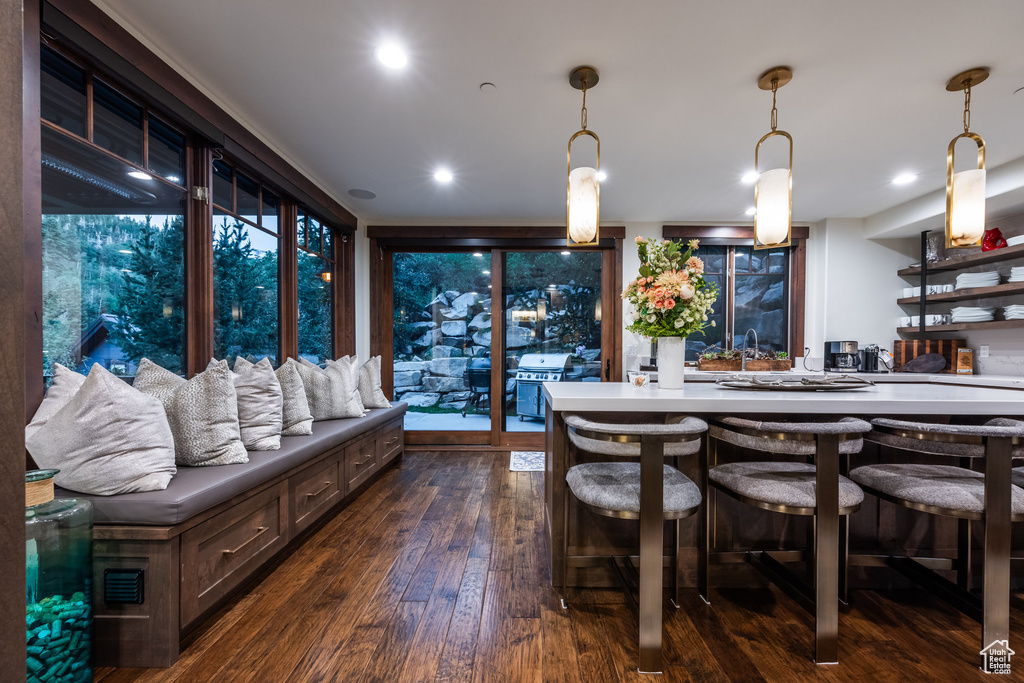 Interior space with dark hardwood / wood-style floors, hanging light fixtures, sink, and a wall of windows