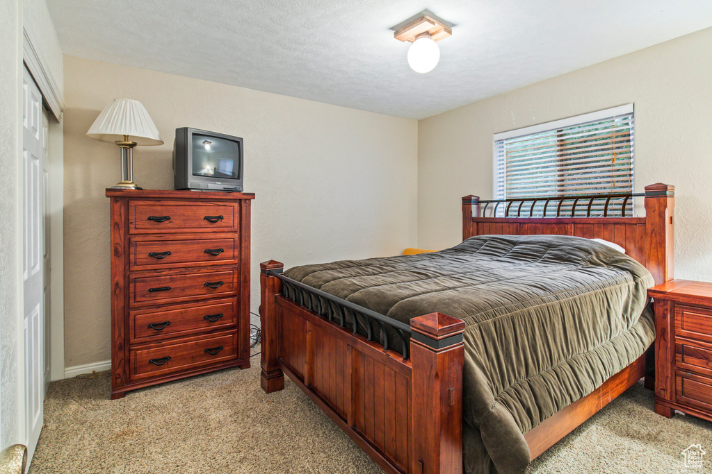 Bedroom featuring light carpet, a closet, and a textured ceiling