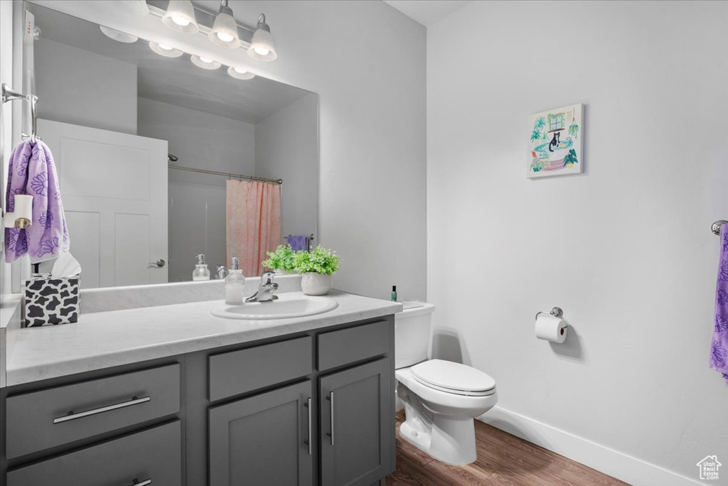 Bathroom featuring vanity, hardwood / wood-style flooring, and toilet