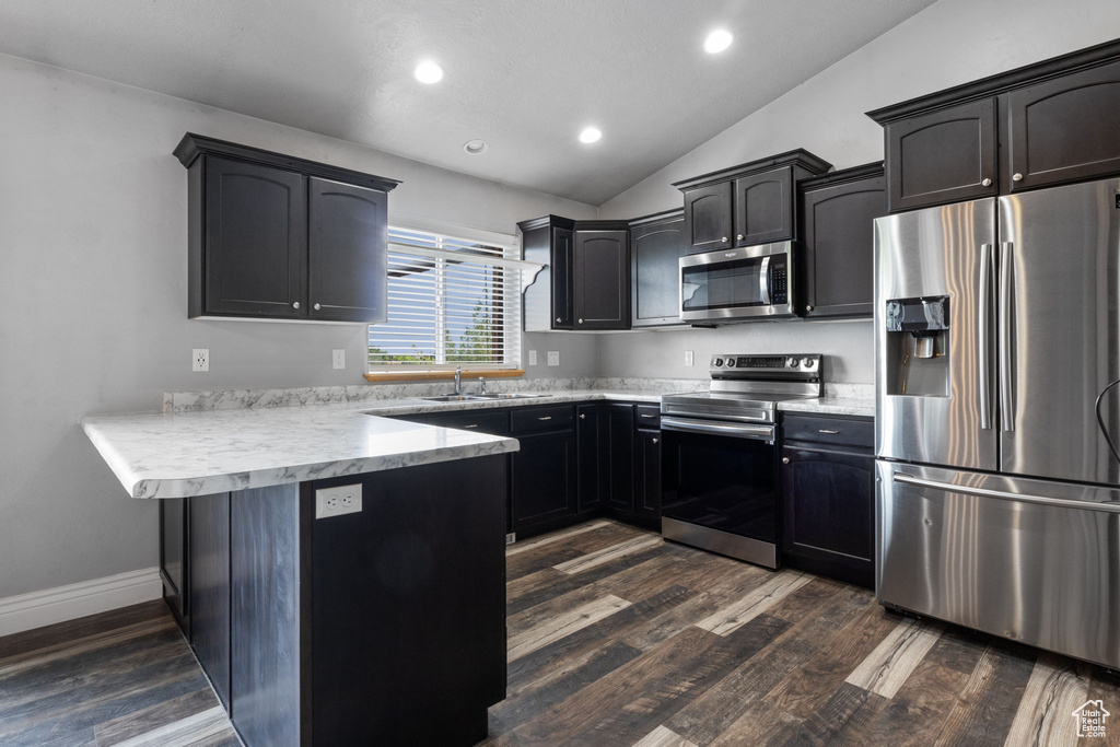 Kitchen featuring stainless steel appliances, sink, kitchen peninsula, dark hardwood / wood-style floors, and lofted ceiling