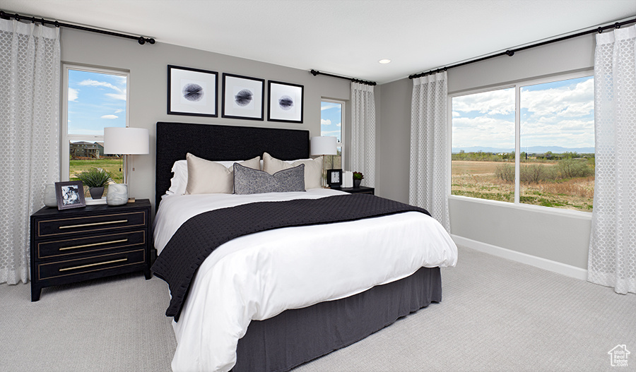 Bedroom featuring carpet floors and multiple windows