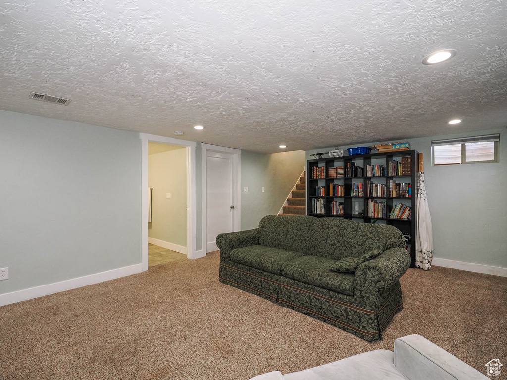 Living room with carpet floors and a textured ceiling