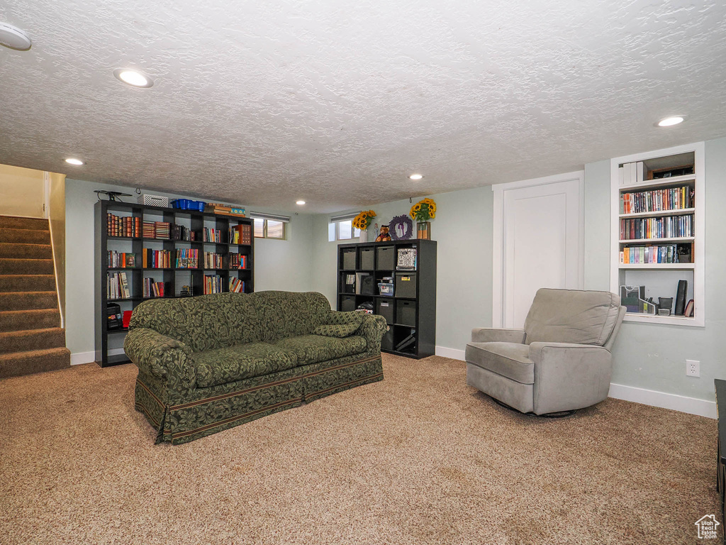 Carpeted living room featuring built in shelves and a textured ceiling