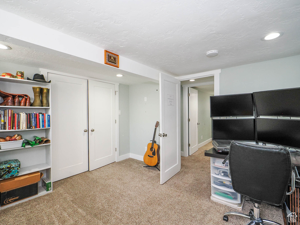 Carpeted home office with a textured ceiling