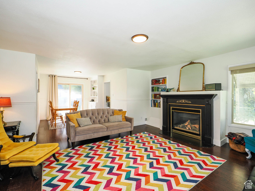 Living room featuring dark wood-type flooring