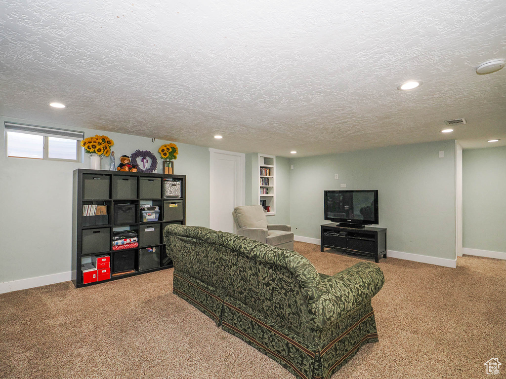 Carpeted living room featuring a textured ceiling