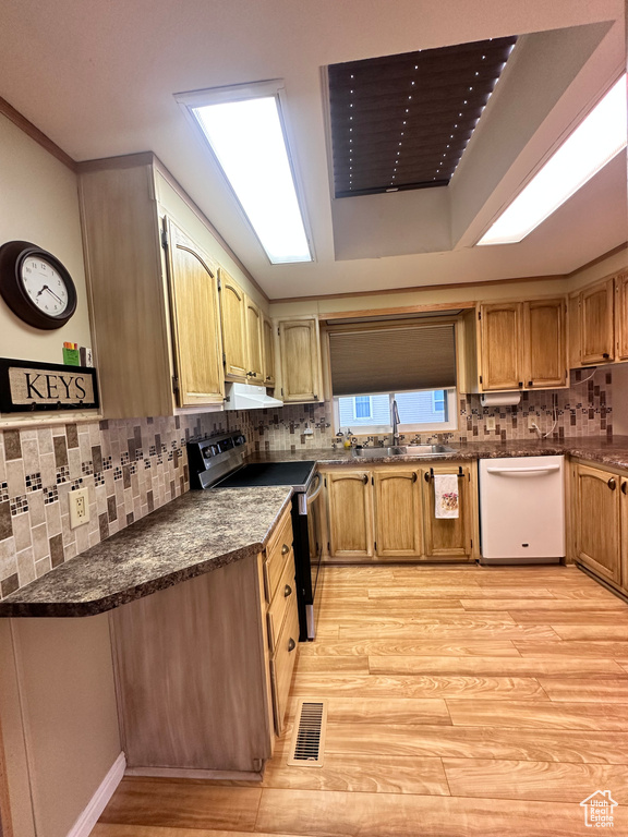 Kitchen featuring decorative backsplash, dishwasher, light wood-type flooring, and stainless steel range with electric stovetop