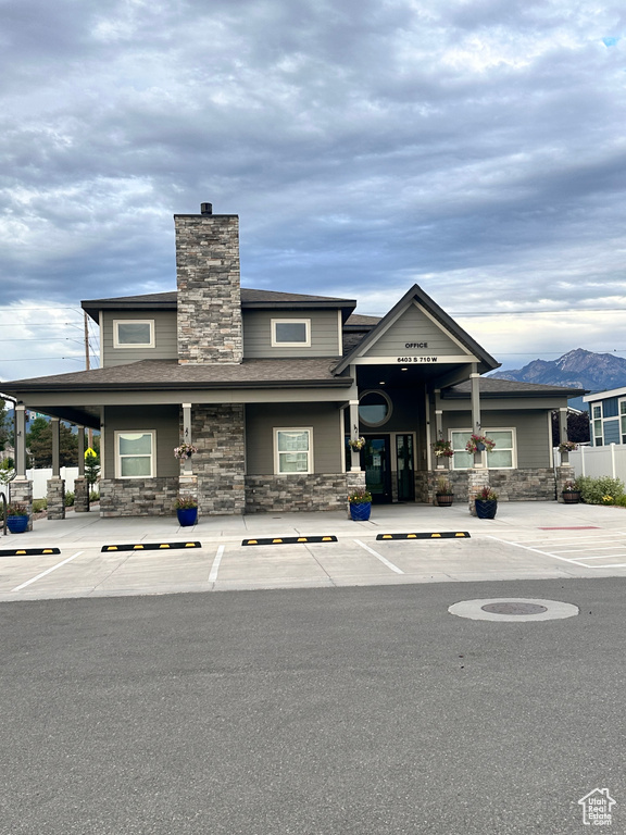 View of building exterior featuring a mountain view