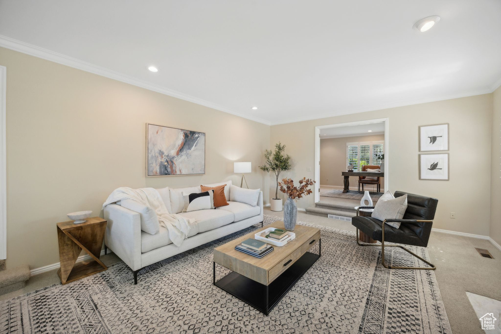 Living room with ornamental molding and carpet flooring