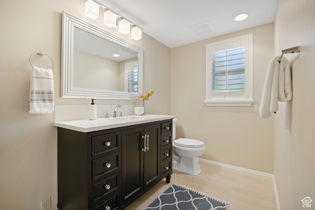 Bathroom with vanity, wood-type flooring, and toilet