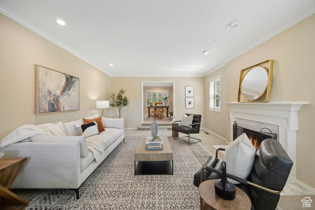 Living room featuring carpet, a premium fireplace, and ornamental molding