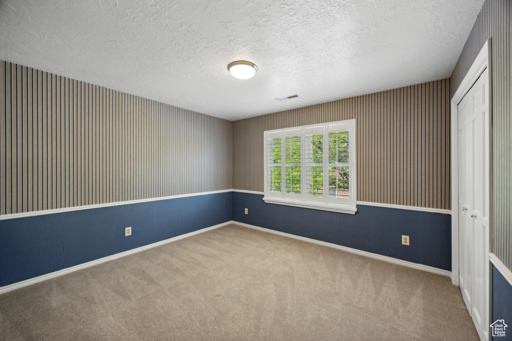 Carpeted spare room featuring a textured ceiling