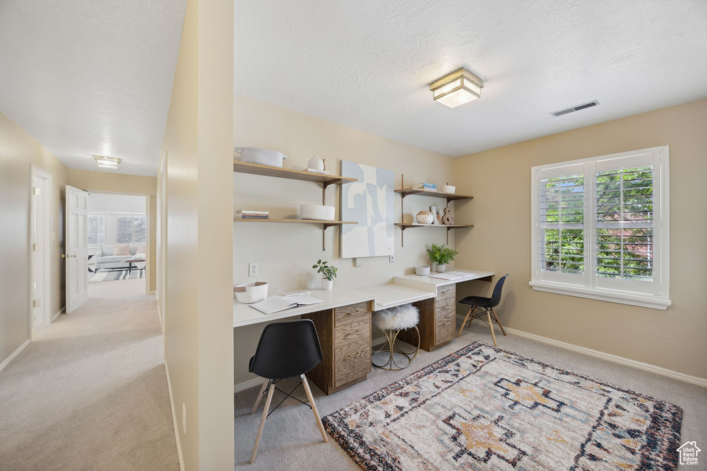 Home office featuring light colored carpet