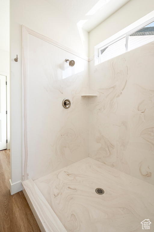 Bathroom with wood-type flooring and walk in shower