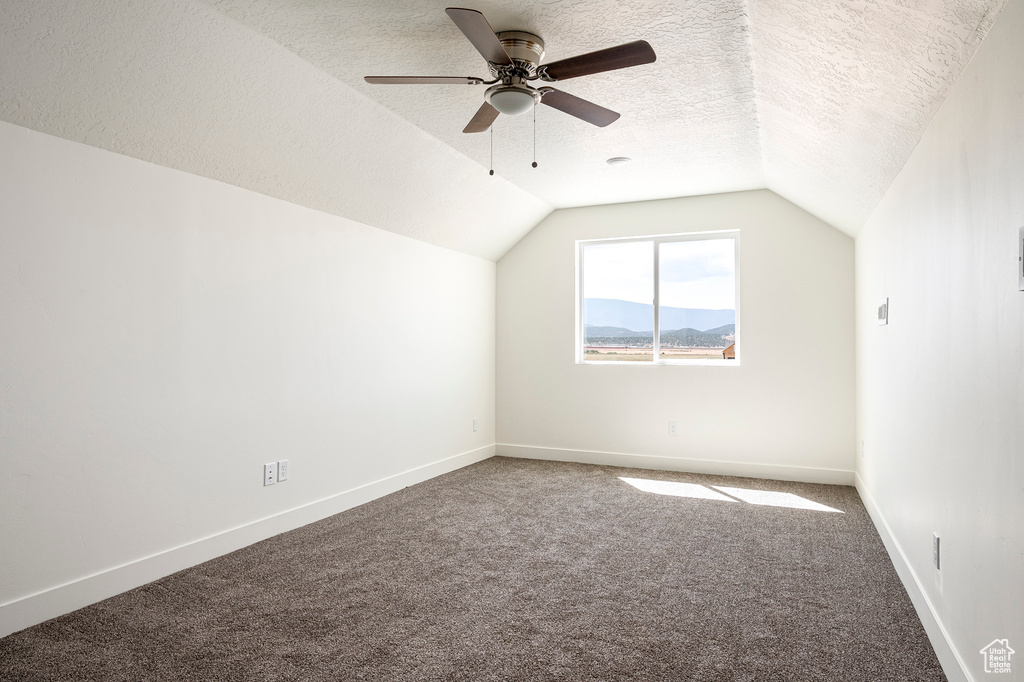 Bonus room with a textured ceiling, carpet floors, ceiling fan, and lofted ceiling