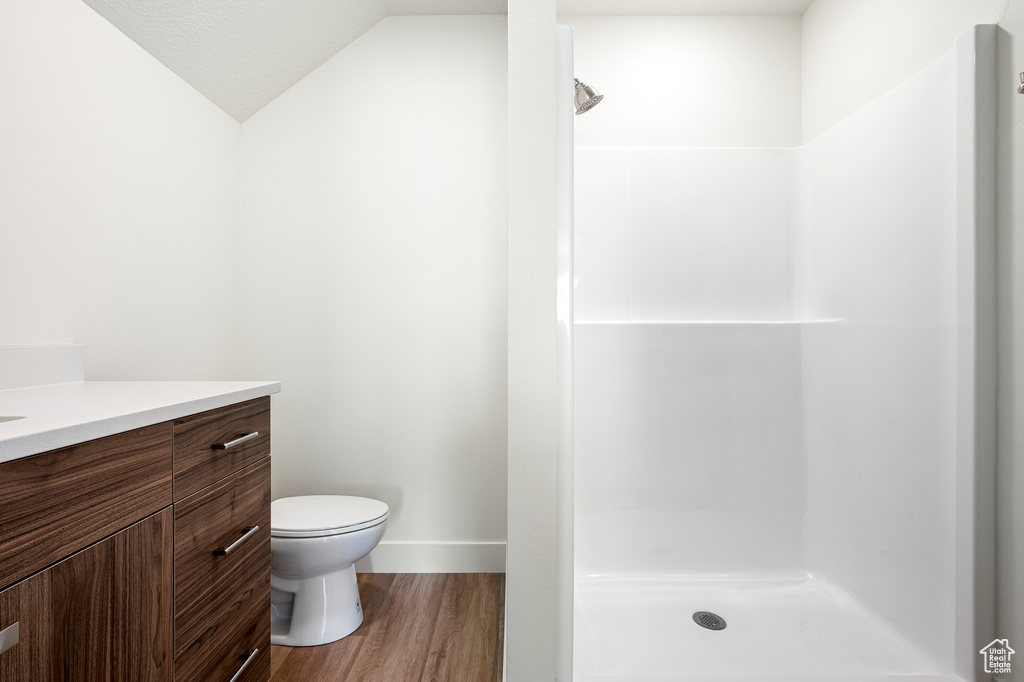 Bathroom with vaulted ceiling, toilet, a shower, wood-type flooring, and vanity