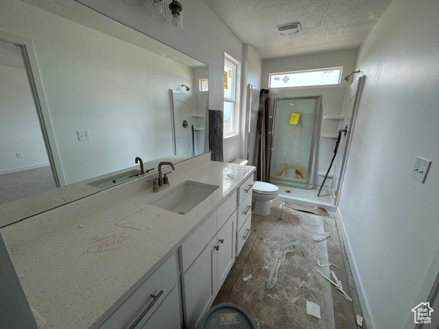 Bathroom with vanity, toilet, a shower with door, and a textured ceiling