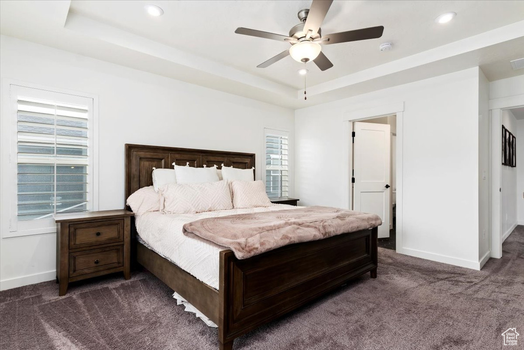 Carpeted bedroom featuring a raised ceiling and ceiling fan