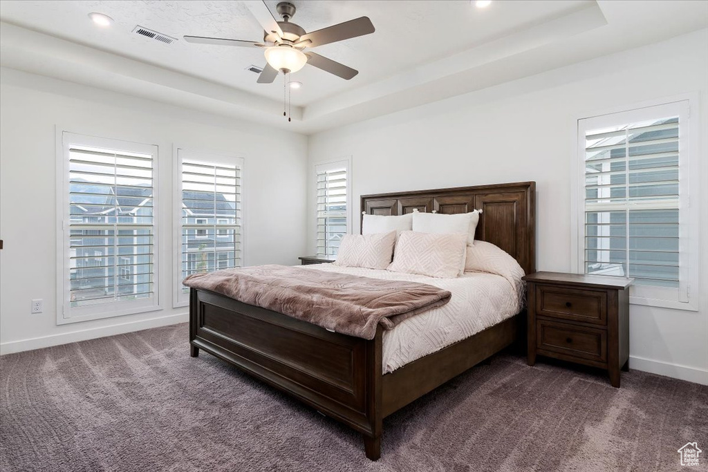 Carpeted bedroom with a tray ceiling and ceiling fan