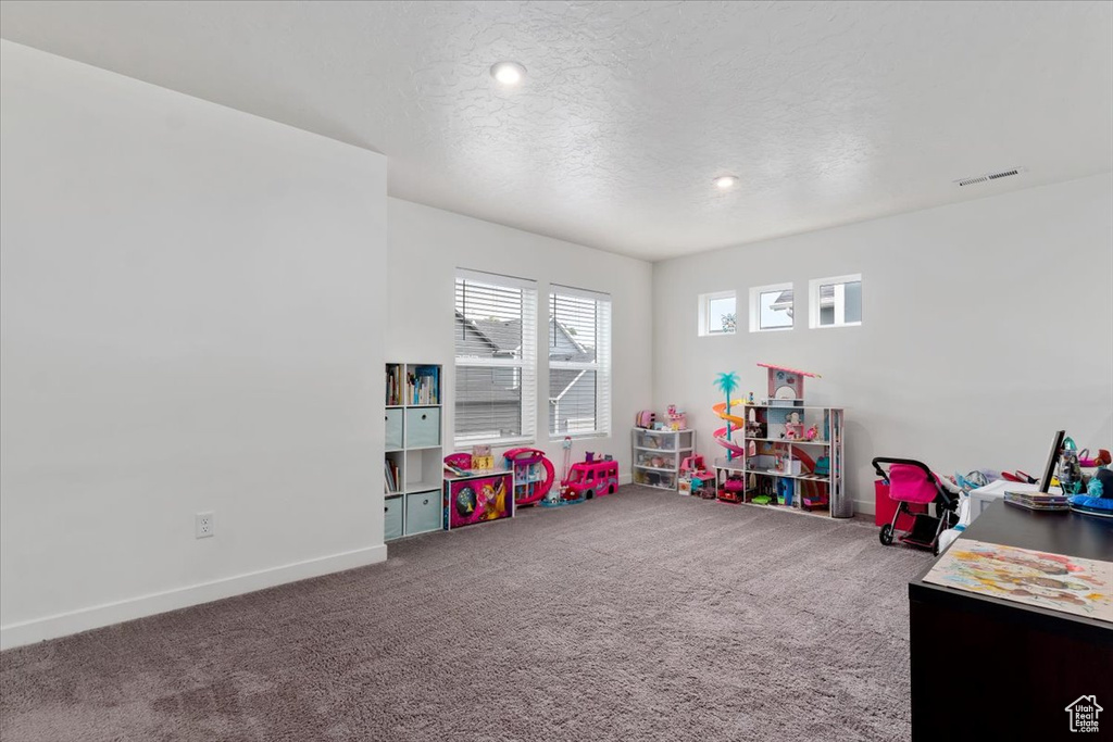 Recreation room with a textured ceiling and carpet flooring