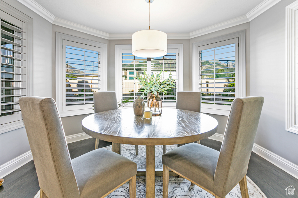 Dining room featuring crown molding and dark hardwood / wood-style floors