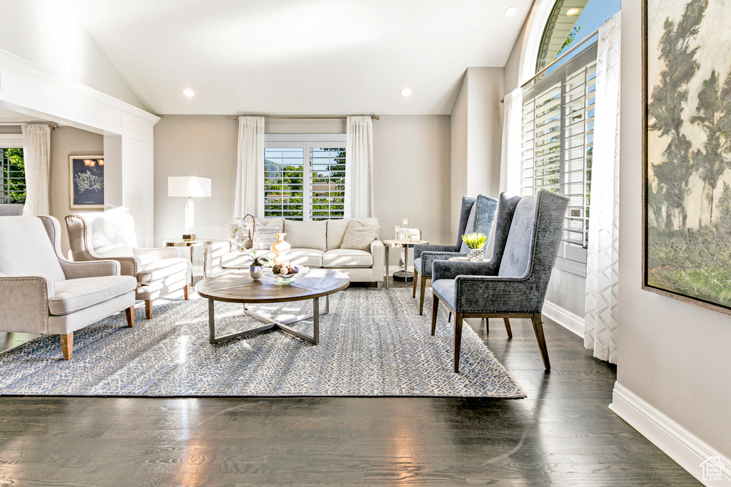 Living room featuring dark hardwood / wood-style floors and lofted ceiling