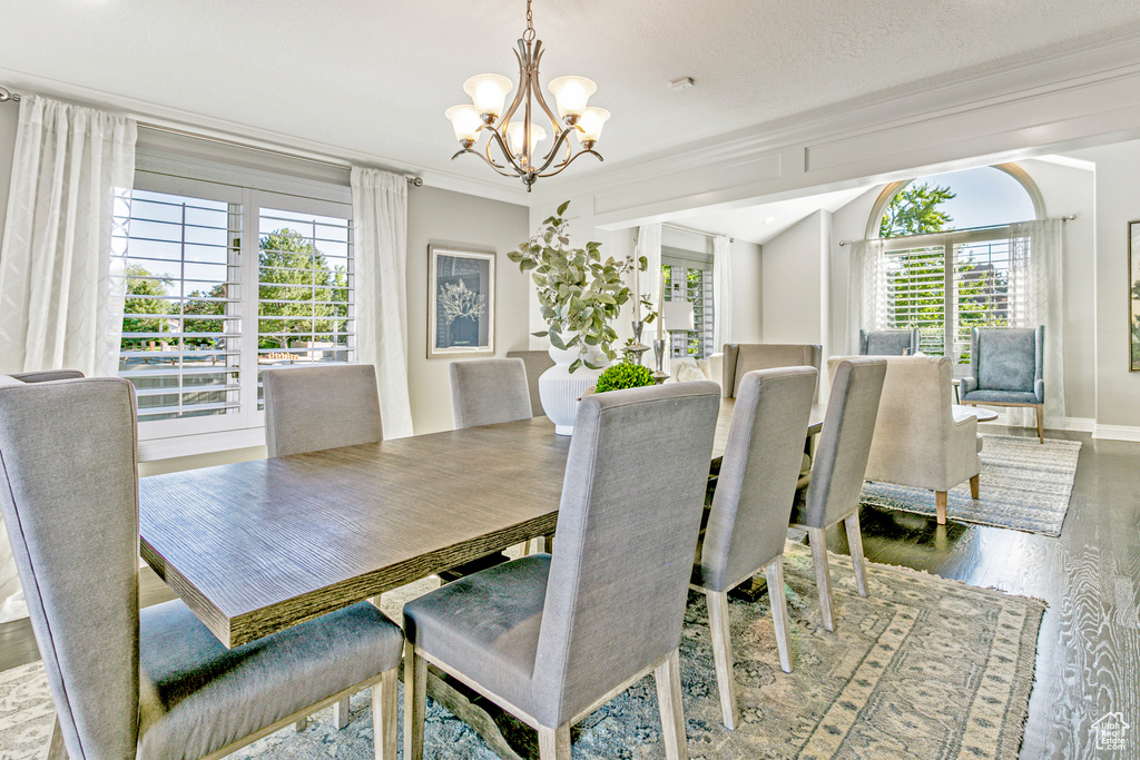 Dining room featuring crown molding, a notable chandelier, and hardwood / wood-style floors