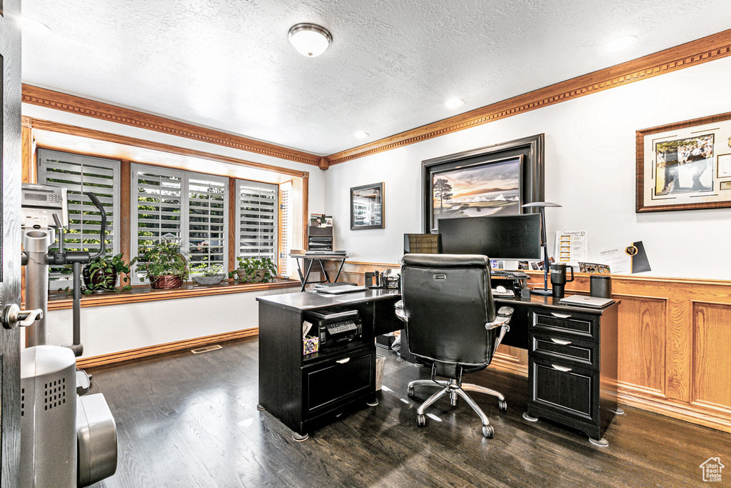 Office space with a textured ceiling, crown molding, and dark hardwood / wood-style floors