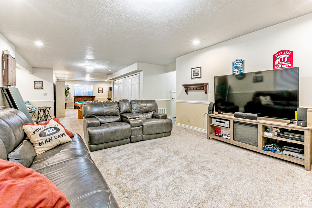 Carpeted living room with a textured ceiling