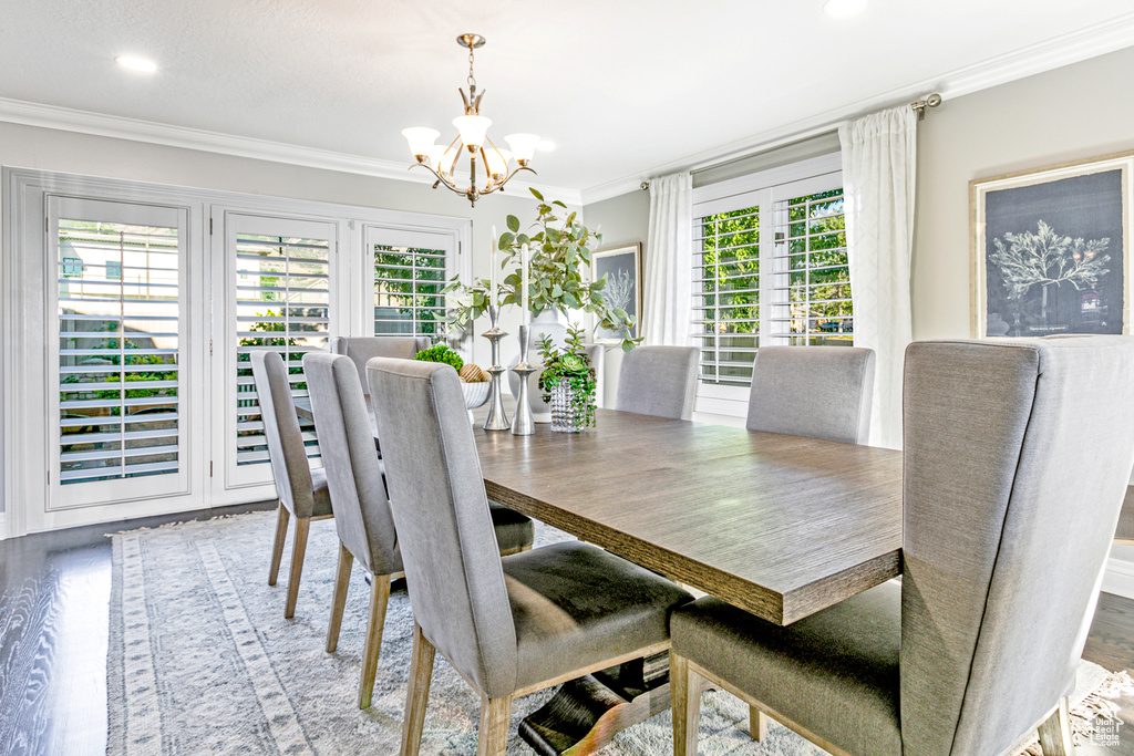 Dining space featuring plenty of natural light, crown molding, and wood-type flooring