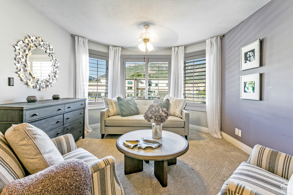 Carpeted living room with ceiling fan and a textured ceiling