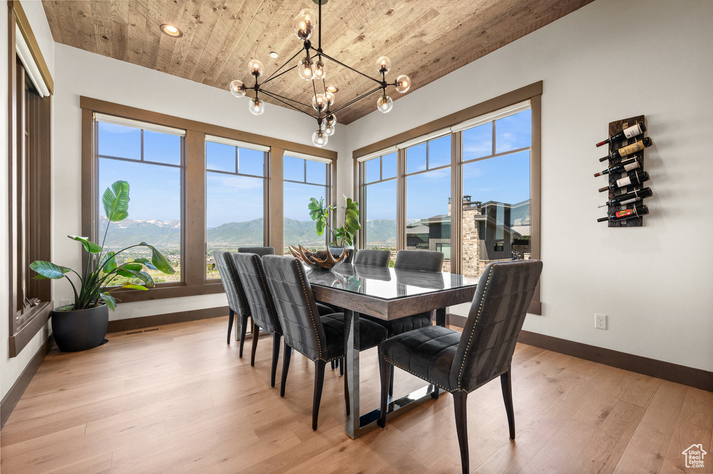 Dining room featuring a notable chandelier, light wood-type flooring, a mountain view, and wooden ceiling