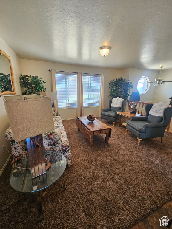 Carpeted living room featuring a textured ceiling and ceiling fan