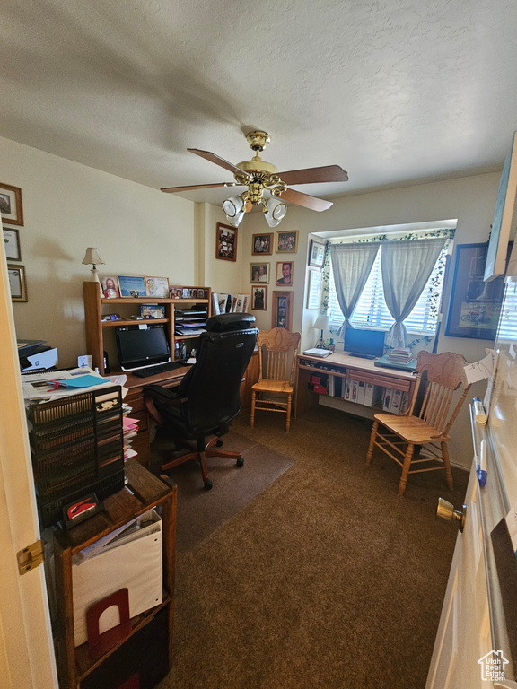 Office space featuring a textured ceiling, carpet, and ceiling fan