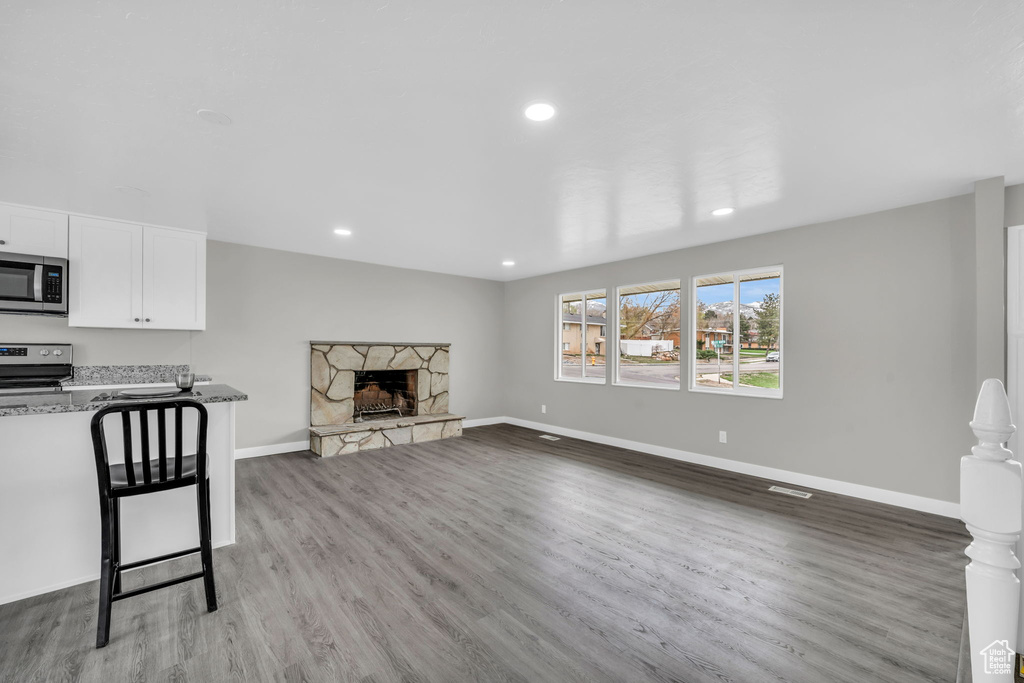 Living room with a stone fireplace and hardwood / wood-style flooring