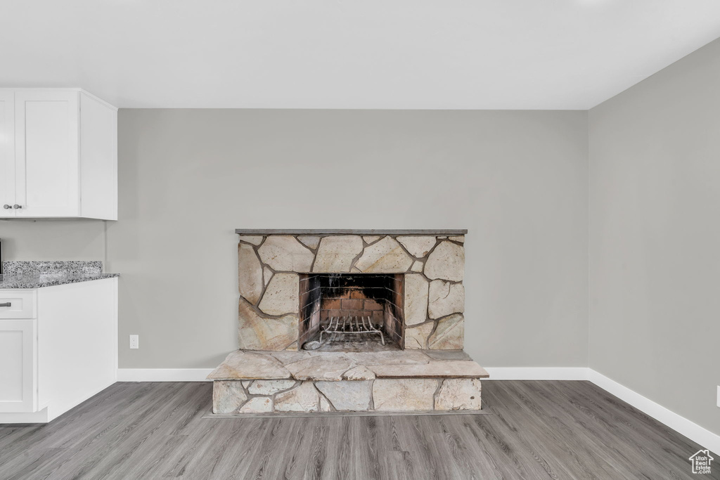 Interior details featuring a stone fireplace and hardwood / wood-style floors