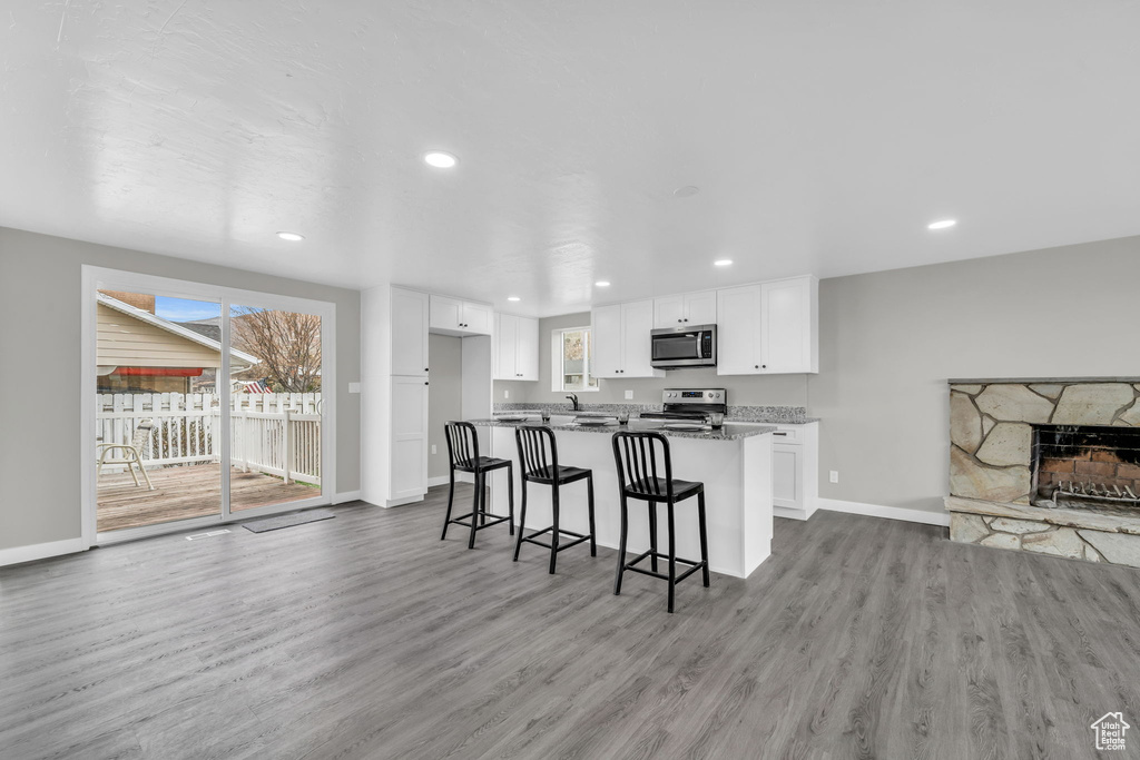 Kitchen featuring stainless steel appliances, hardwood / wood-style floors, white cabinets, a stone fireplace, and stone countertops