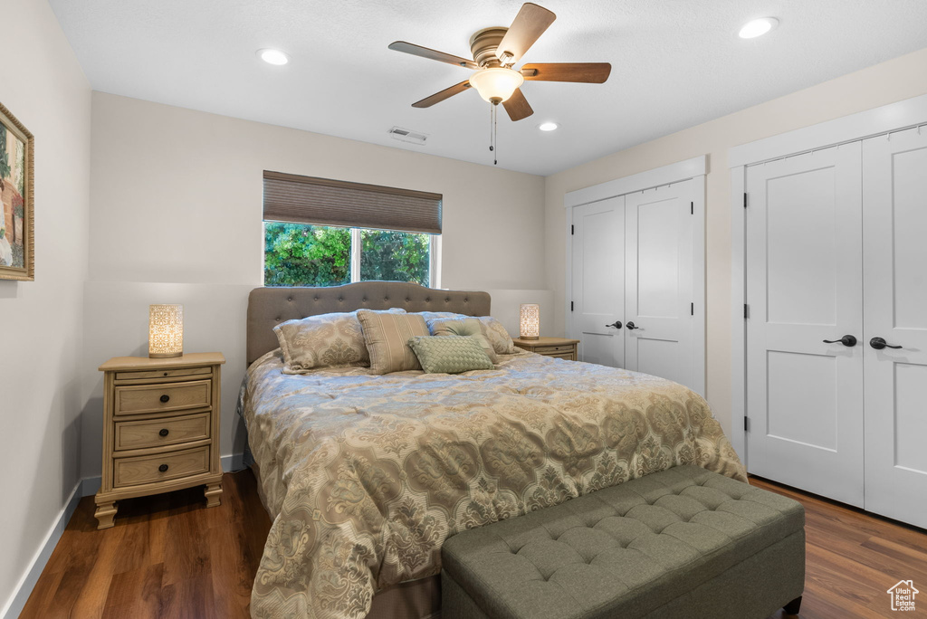 Bedroom with two closets, dark hardwood / wood-style flooring, and ceiling fan