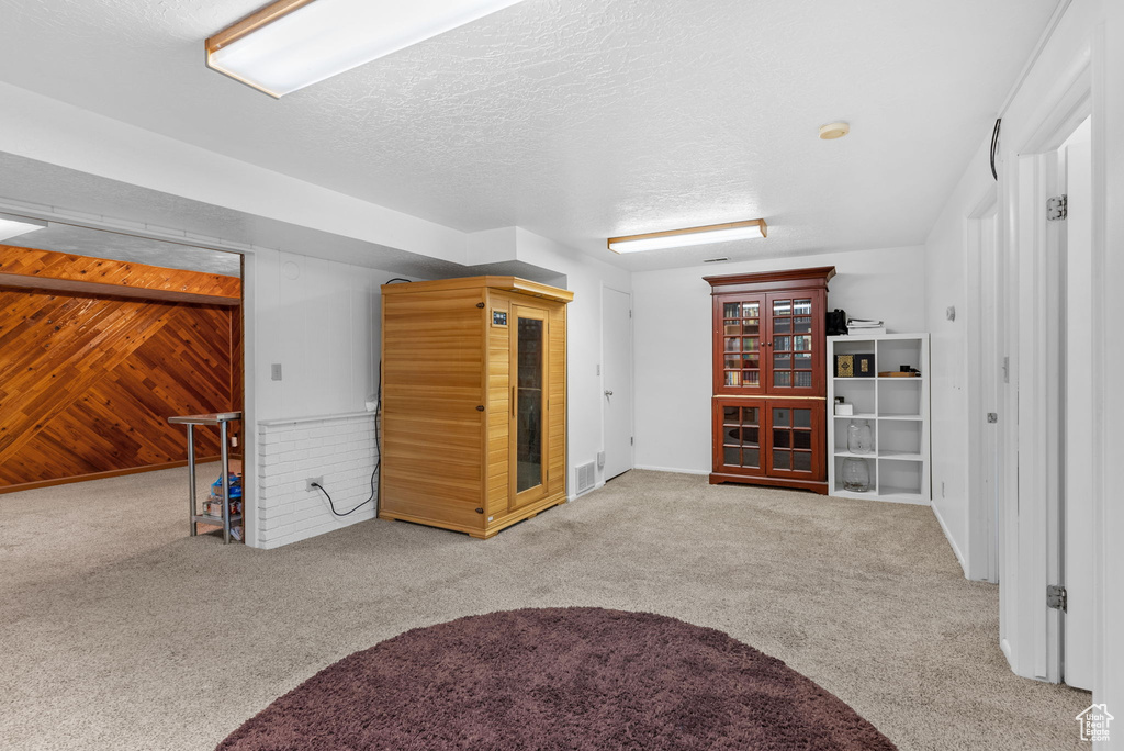 Interior space with carpet flooring, wood walls, and a textured ceiling