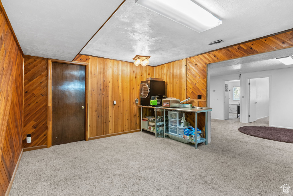 Interior space featuring carpet floors, a textured ceiling, and wooden walls