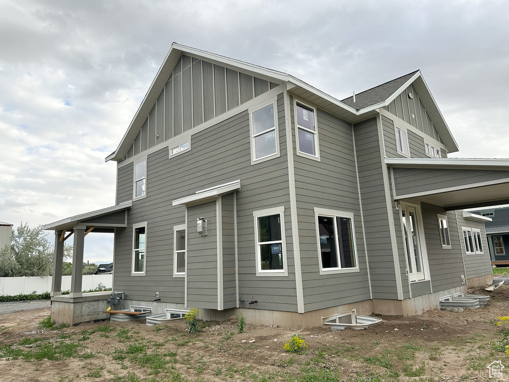 View of home\'s exterior with board and batten siding