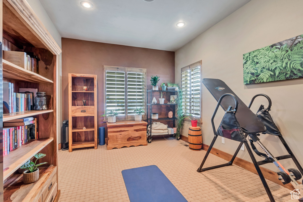 Workout area featuring light colored carpet