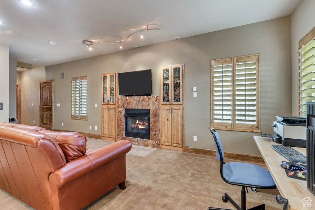 Carpeted living room featuring a premium fireplace and track lighting